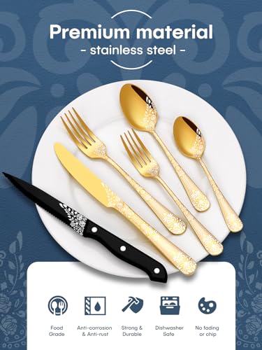 EUIRIO 48-Piece Silverware Set with Steak Knives, Black Flatware Set for 8, Stainless Steel Cutlery Set, Knives and Forks and Spoons Sets,Unique Pattern Design,Mirror Polish and Dishwasher Safe