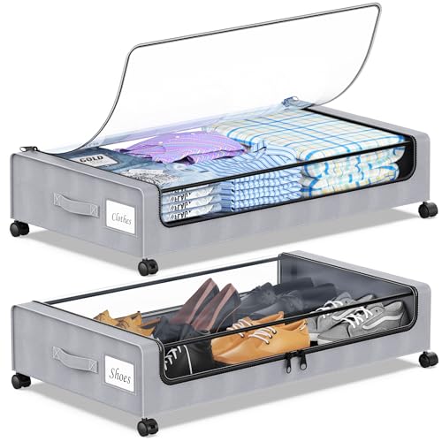 Under Bed Storage with Wheels, 2-Pack Under the Bed Storage Containers with Clear Lids & Label, Underbed Storage Bins, XXL 60L Rolling Metal Drawer for Clothes, Shoes, Toys, Books - Black