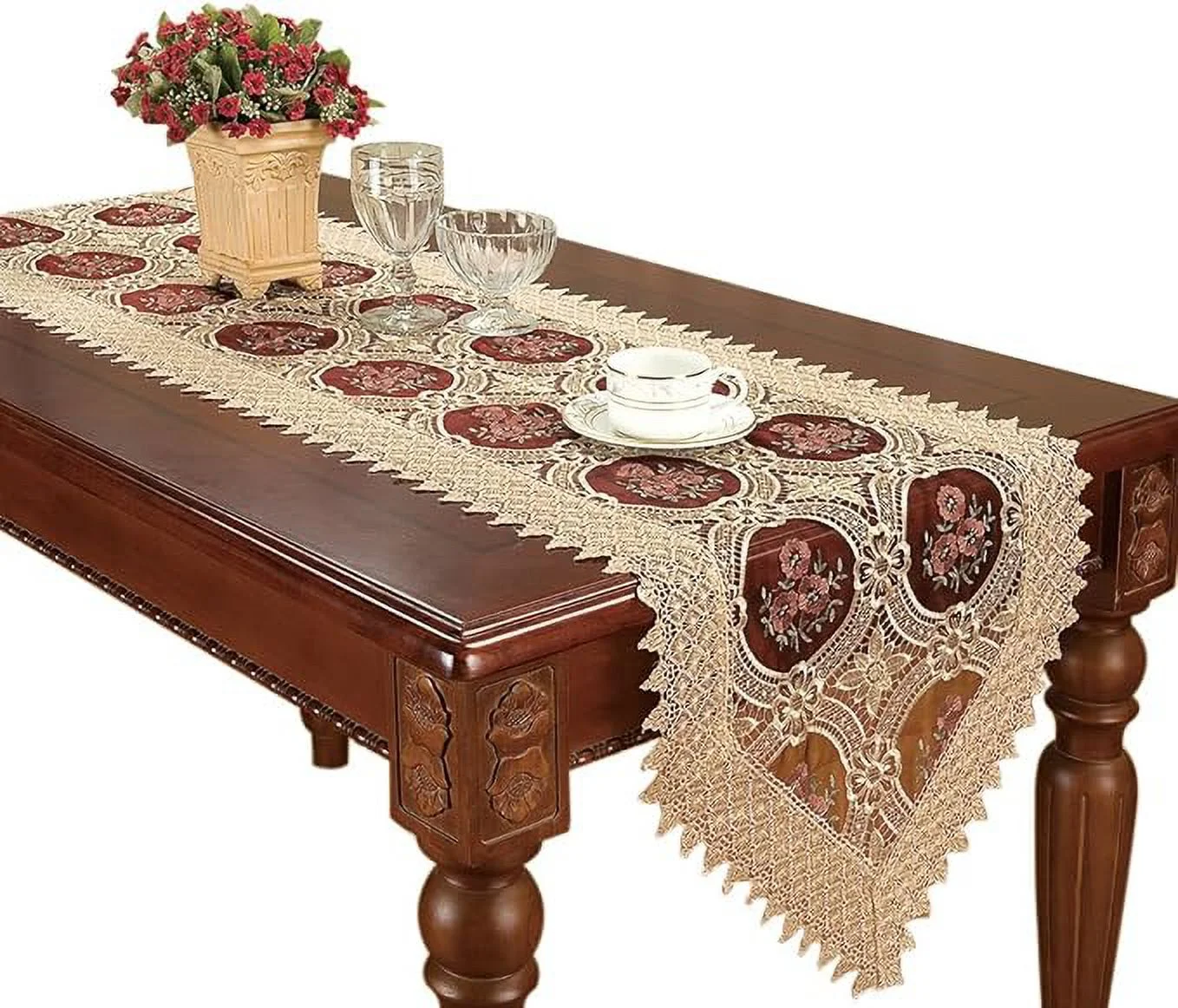 Simhomsen Embroidered Vintage Floral Lace Burgundy Table Runner 16 × 72 Inch
