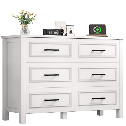 YITAHOME 6-Drawer Dresser with Built-in Power Outlet, Wood TV Stand with 6 Large Drawers & Bar Handles, Dresser Chest of Drawers for Entryway Living Room Hallway, White & Walnut