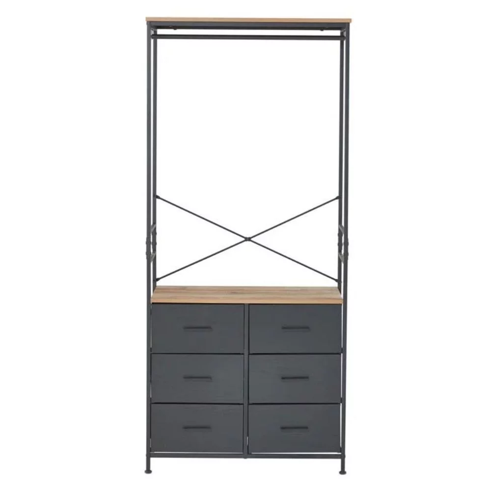 FRAPOW Freestanding Clothing Racks, Wardrobe Cabinet with Hanging Rod and 6 Drawer, Wardrobe Armoire for Bedroom, Wooden Roof
