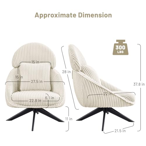 Furniliving Modern Living Room Chair, Swivel Accent Chair for Living Room Desk Chair with Arms Bedroom Chair with Headrest Sofa Chair Side Chair with Pillow Armchair,Corduroy, Grey