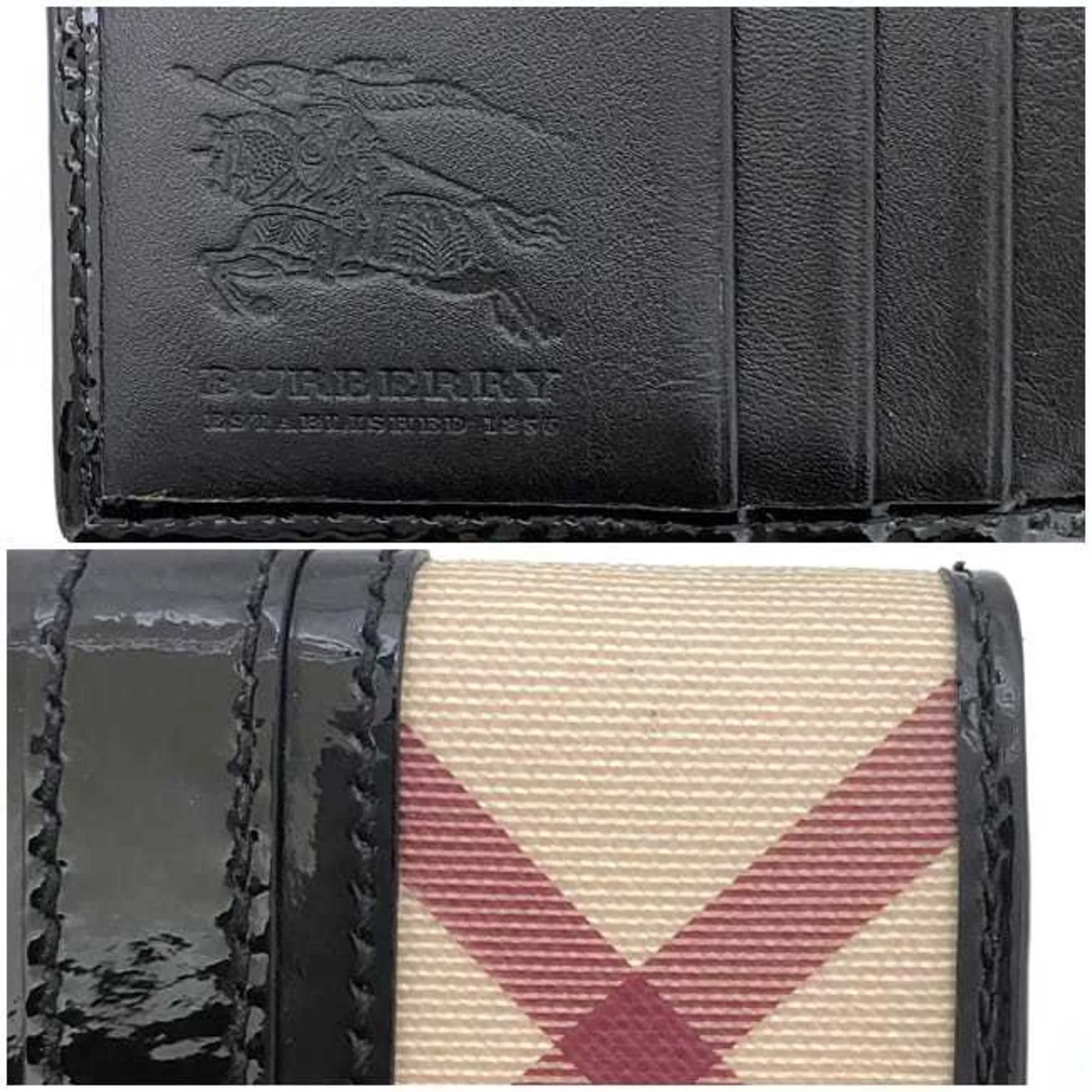 Pre-Owned Burberry W wallet beige black check double PVC patent leather BURBERRY folio flap ladies' (Good)