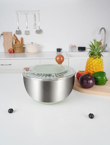 Stainless Steel Salad Spinner, Lettuce Spinner with Drain, Non-Slip Base & Stop Button, Large Vegetable Dryer, BPA Free, 5.3 Qt