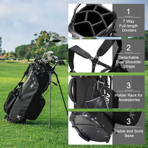 KVV Lightweight Golf Stand Bag with 7 Way Full-Length Dividers, 5 Zippered Pockets, Automatically Adjustable Dual Straps，Elegant Design