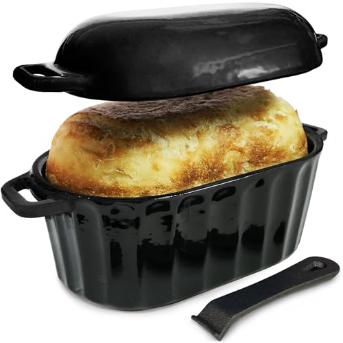 Dutch Oven Enameled Cast Iron Bread Pan with Lid Sourdough Loaf Pans for Baking Bread Large Heavy Oval Bread Dutch Oven with Movable Handle 4 Qt Black Dishwasher Safe