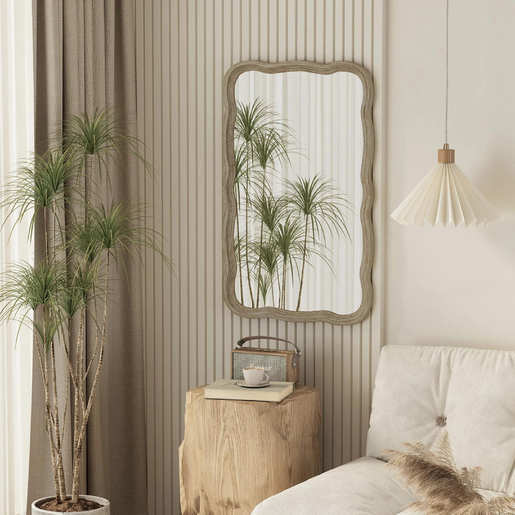 COZAYH Curved Wood Frame Accent Mirror, Farmhouse French Country Decorative Wall Mirror, Rectangle 23.5