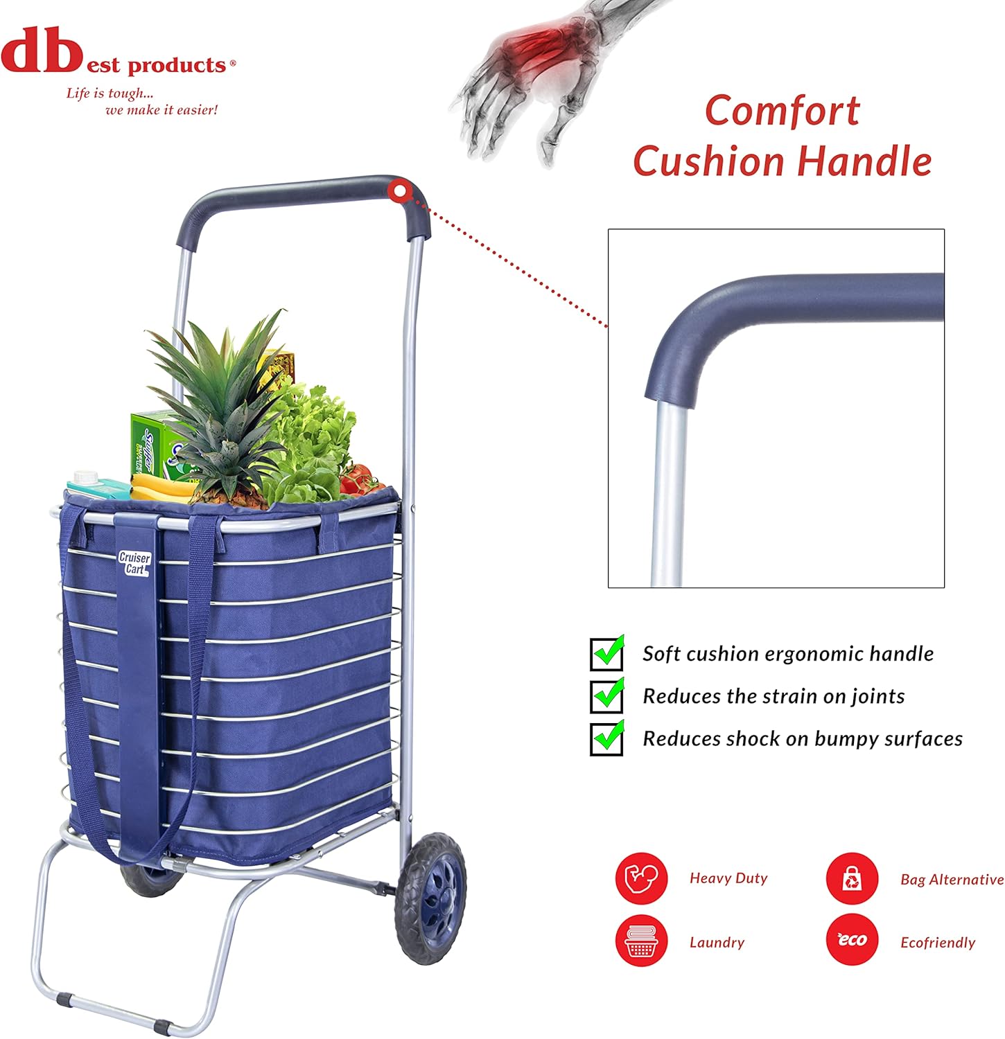 dbest products Cruiser Cart with Bag Bundle Shopping Cover Grocery Rolling Folding Laundry Basket on Wheels Foldable Utility Trolley Compact Lightweight Collapsible, Navy