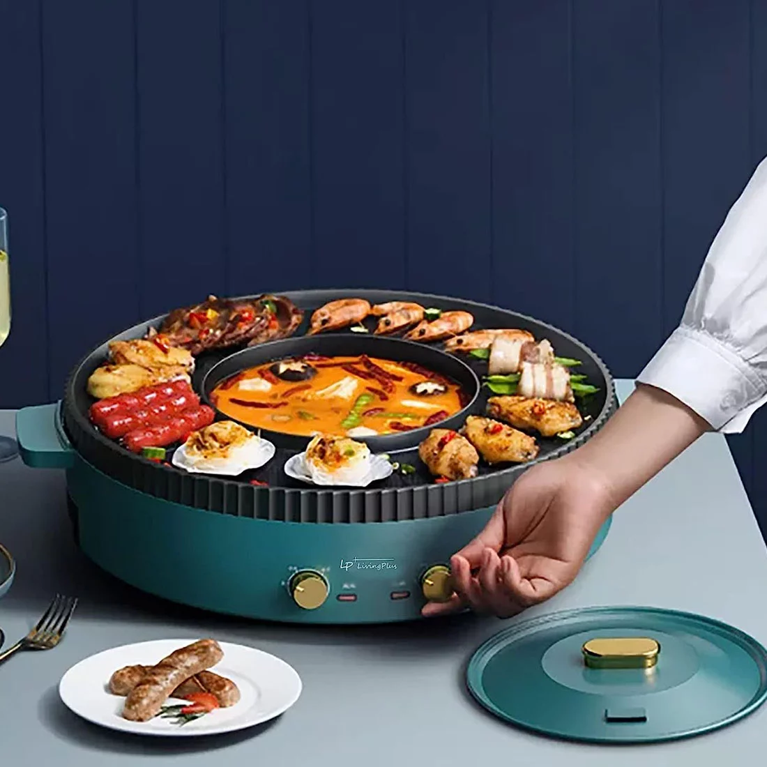 Lp Living Plus 2 in 1 Electric Grill and Hot Pot, Non-Stick Griddle for Korean BBQ, Shabu Shabu and Noodles