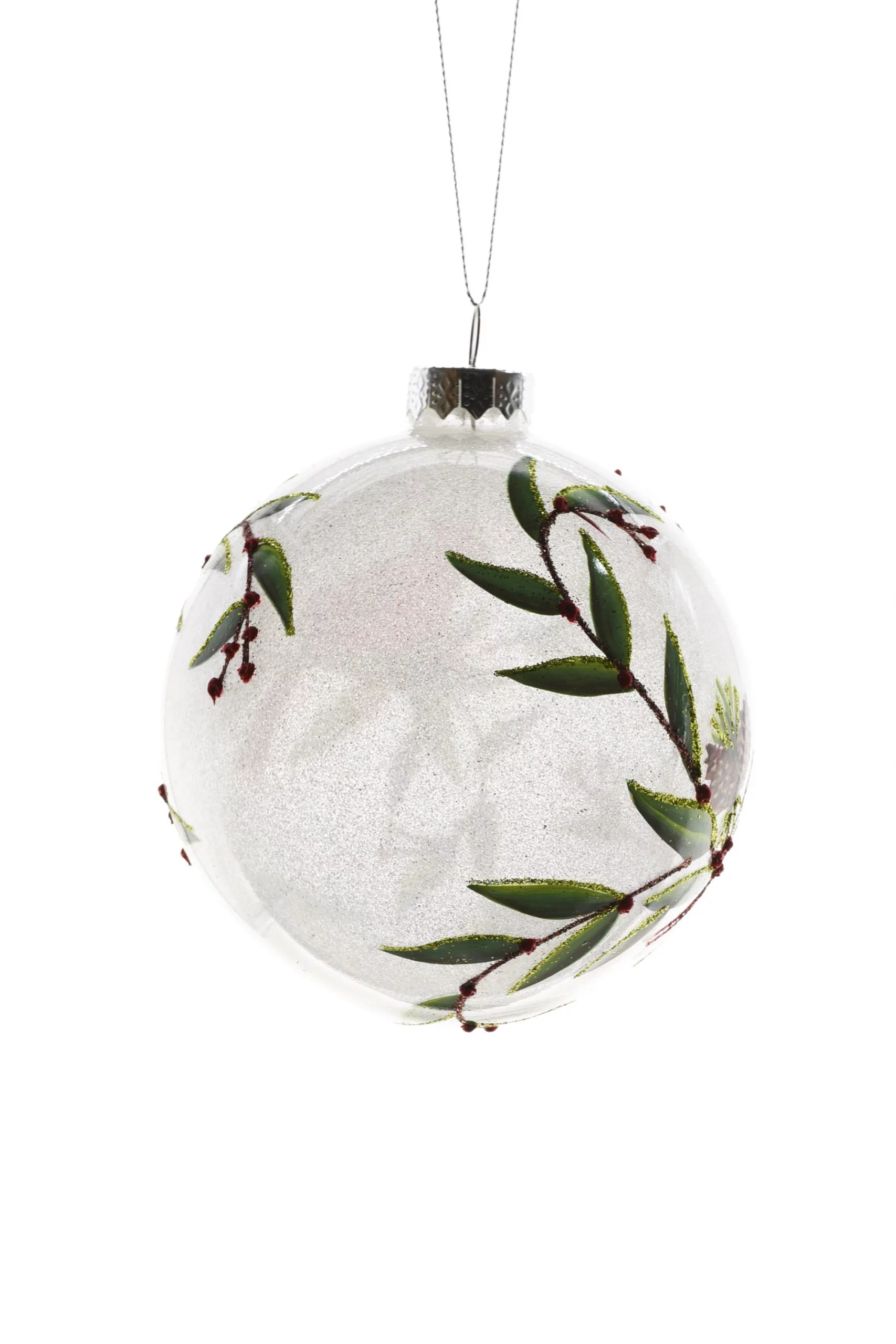 Starlight Collection, Clear Glass Hanging Glittered Ball Ornament with Glittered Cardinals on Holly Branch (Pack of 2)