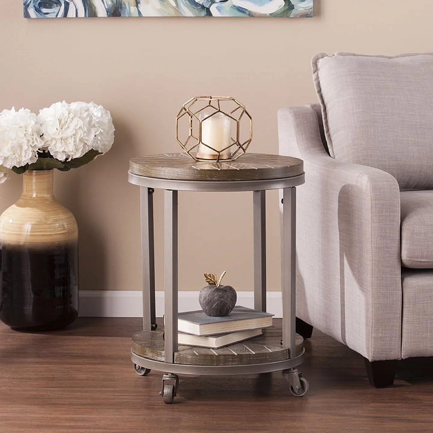 Southern Enterprises Archlyn Round End Table, Gray/Oak