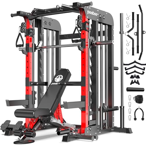 Pooboo Multi-Functional Machine Power Cage, 2000LB Squat Rack, LAT-Pull Down System, Dual Pulley Cable Crossover System, Home Gym Workout Machine with Strength Training Attachments