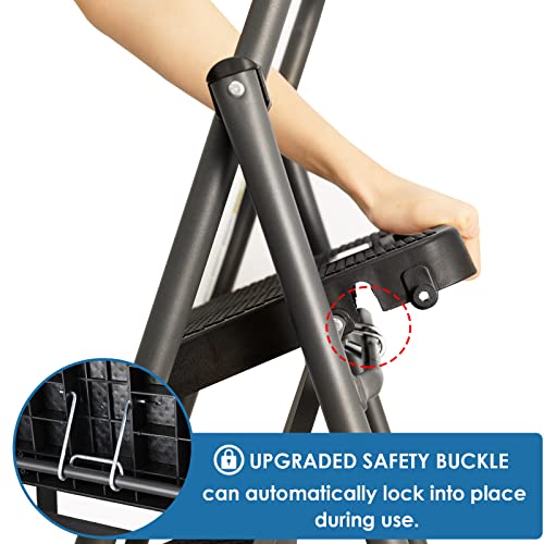 2 Step Ladder, GOLYTON 2 Lightweight Folding Step Stool with Wide Anti-Slip Pedal and Comfort Handgrip, Lightweight 500 lbs Portable Steel Ladder Multi-Use Household and Office, Grey