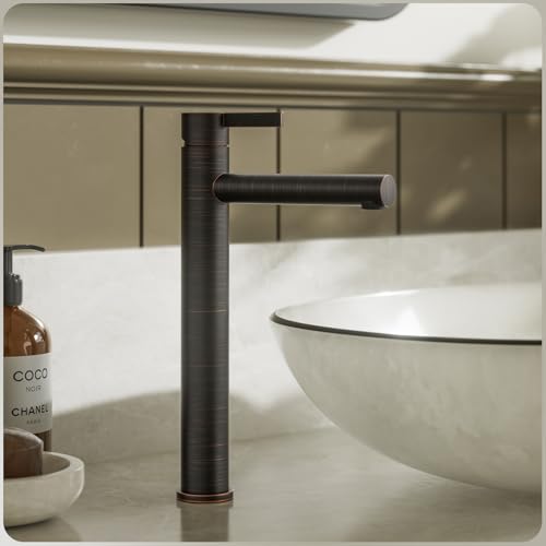 Phiestina Brushed Gold One Hole High Bathroom Vessel Sink Faucet, Single Hole Single Handle Tall Bathroom Faucet, with Pop Up Drain and Water Supply Line,FH01-BG-V