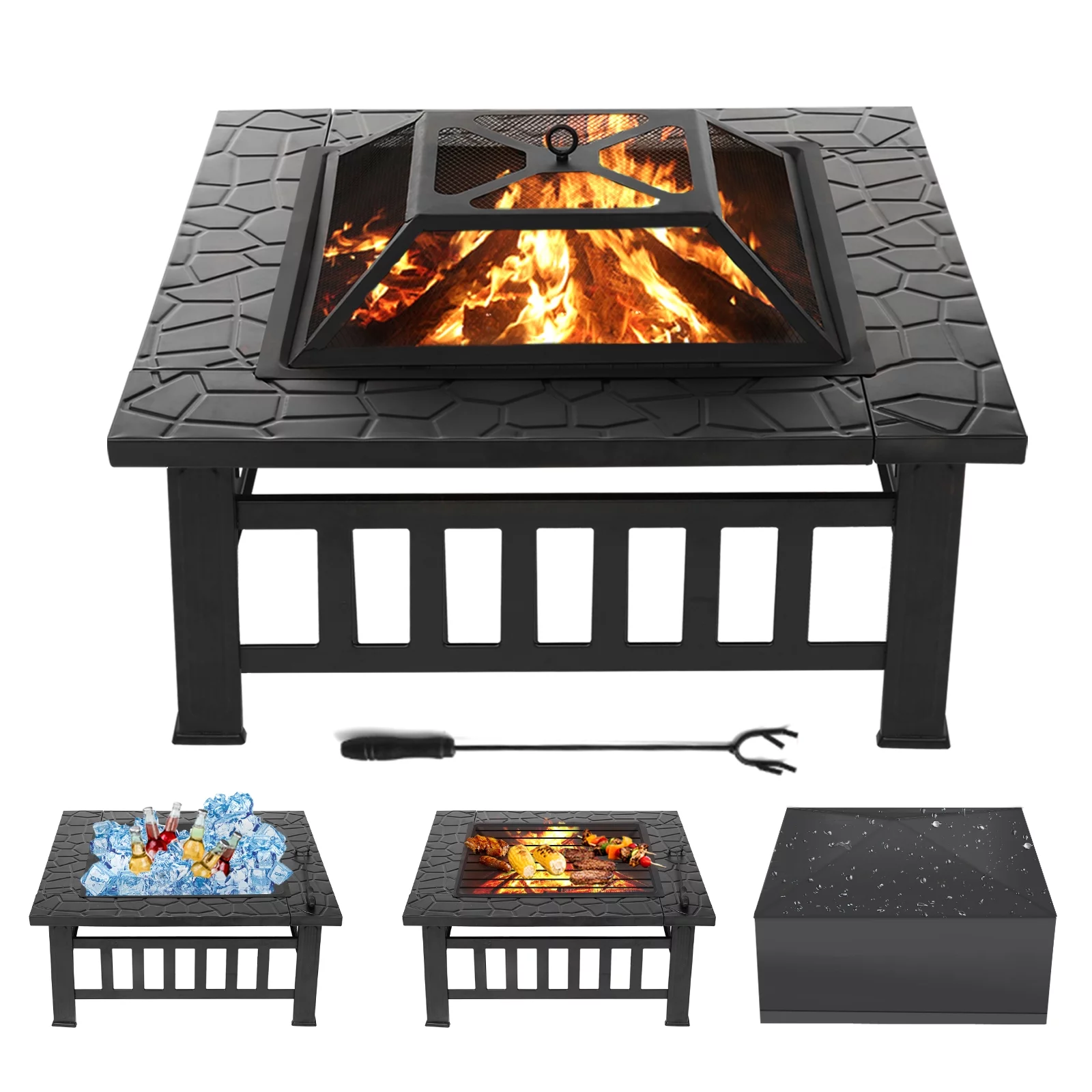 Singlyfire 32 inch Fire Pit Table for Outside Square Metal with Cover, Spark Screen, Log Grate poker
