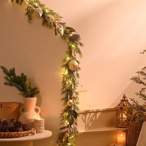 DecorbyHannah Christmas Garland with Lights, 6Ft Prelit Christmas Garland for Mantle, Stairs Railing, Lighted Xmas Garlands with Pine Cone, Bow Ornaments for Home Outdoor Decor(Green Gold)