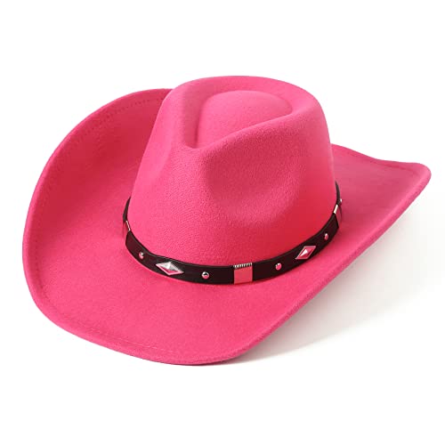 Lanzom Women Men Classic Felt Wide Brim Western Cowboy Cowgirl Hat with Belt Buckle