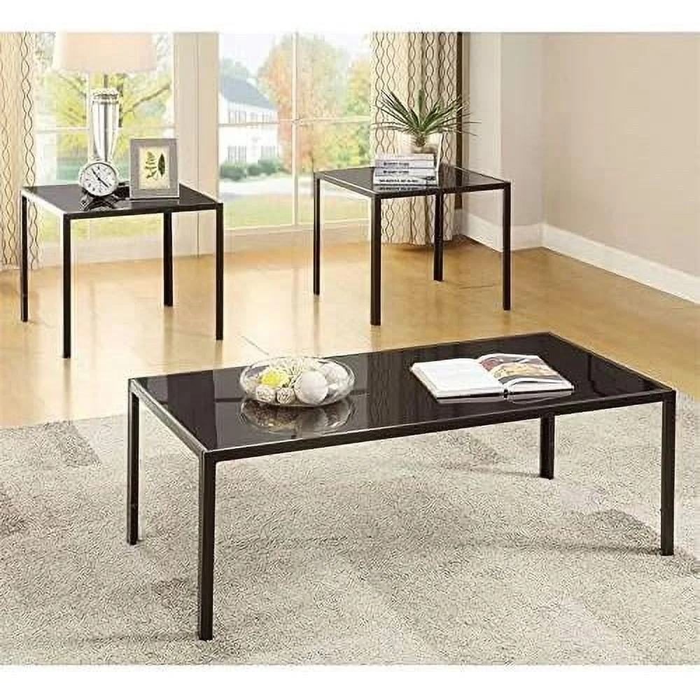 3 Piece Glass Top Coffee Table Set In Black