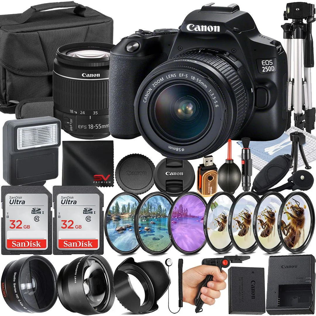 Canon EOS 250D / Rebel SL3 DSLR Camera with 18-55mm Lens + 2 Pack SanDisk 32GB Memory Card + Case + Tripod + Telephoto + SV Premium Accessory Bundle