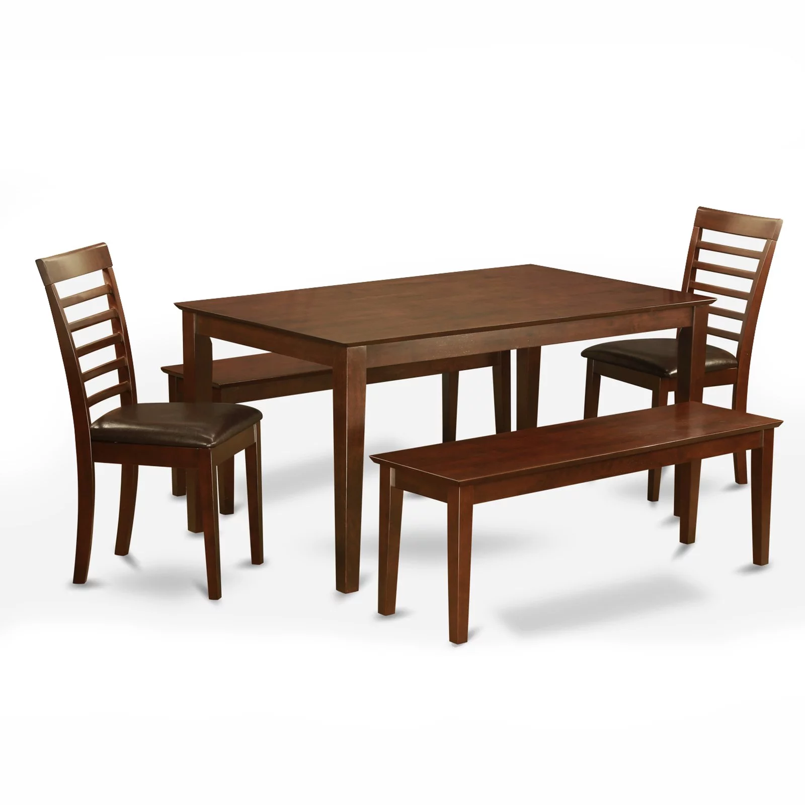 East West Furniture  Dining Room Furniture Set- a Kitchen Table and 2 Dining Chairs with 2 Benches, Mahogany(Seat Options) CAML5C-MAH-LC