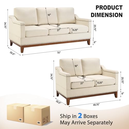 Classic 3-Seater Upholstered Sofa with Nailhead Trim, High-Density Foam Cushions & Sturdy Solid Wood Legs, Soft Fabric Couch for Living Room, Beige