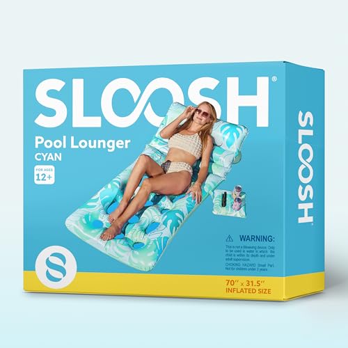 SLOOSH Adjustable Backrest Pool Floats - Tropical Leaves Pool Lounger Floaties Adults with Cup Holders, Inflatable Tanning Float Rafts Chair Beach Lake Lounge Floating Above Water Keep Cool (Blue)