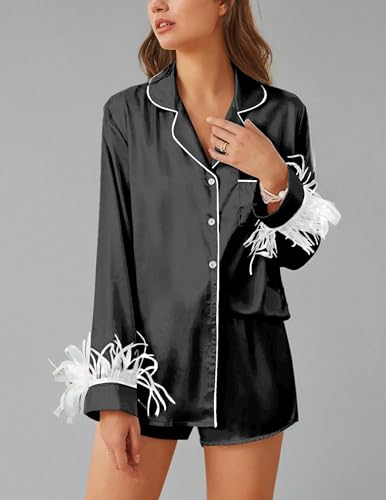 Ekouaer Women's Bridal Feather Trim Silk Satin Pajama Set Long Sleeve Lounge Sets Sleepwear (Removable Feather)
