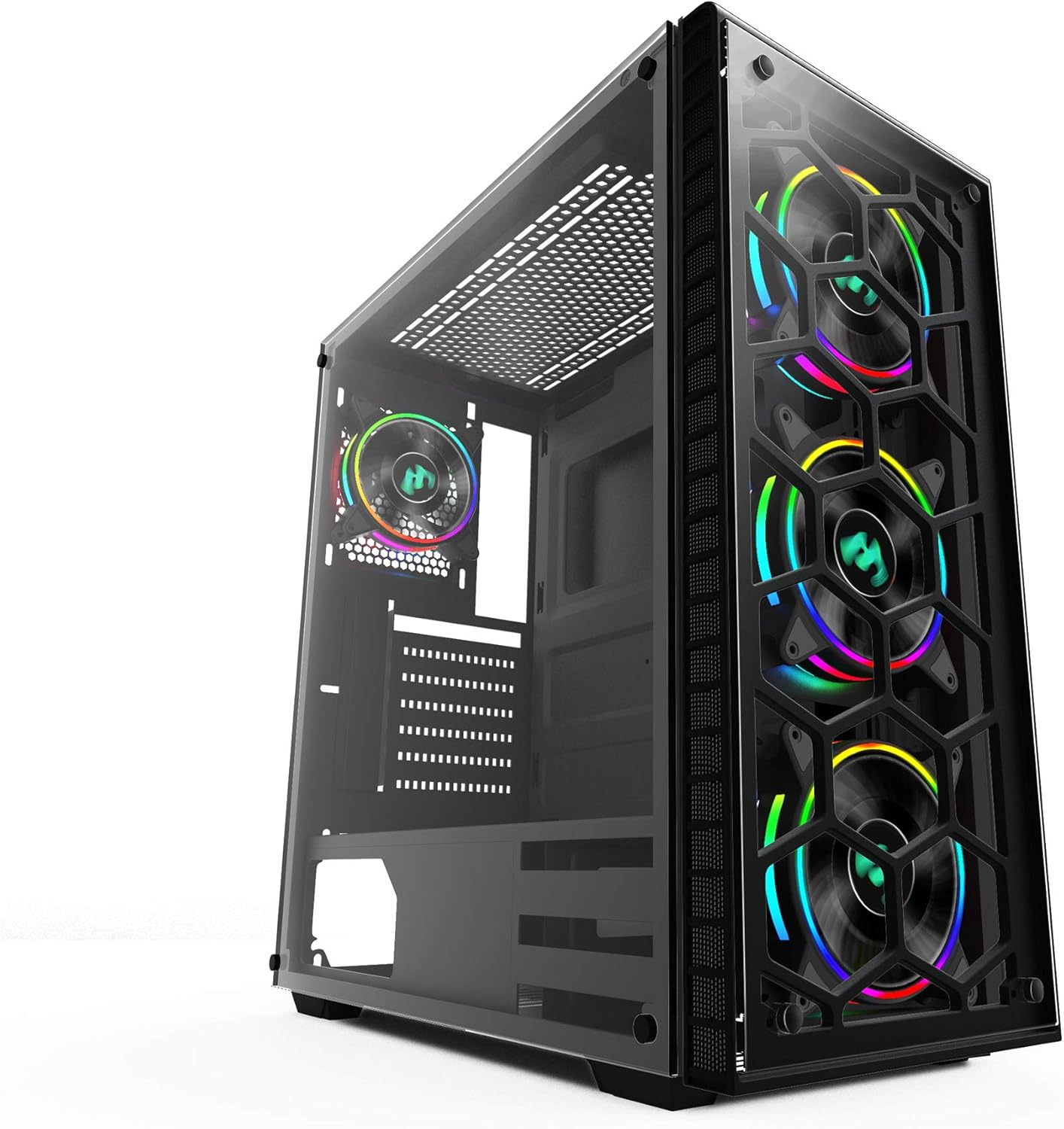 MUSETEX 903-S4 ATX Mid Tower Gaming Computer Case Tempered Glass, Computer Gaming Case Window Desktop/PC Including 4X 120mm Case Fan, USB 3.0 Ports & Cable Management, Black, 903-4 RGB Fans
