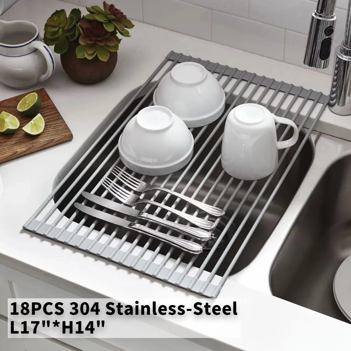 Sink rack,Roll Up Kitchen Sink Drying Rack, 18PCS 304 Stainless-Steel are connected and Silicone ,L17”*H14”