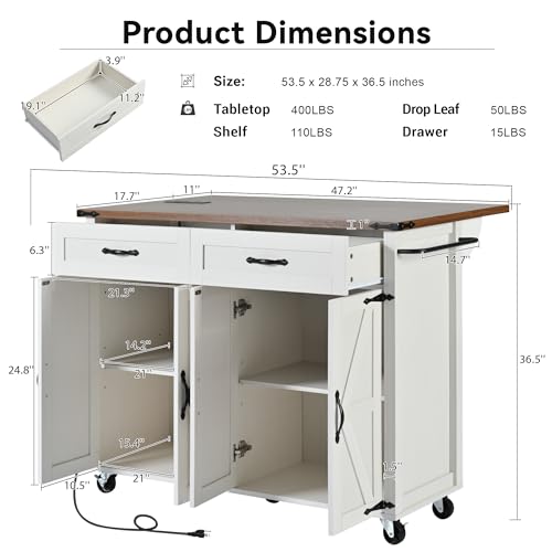 53.5'' Farmhouse Mobile Kitchen Island with Power Outlet, Drop Leaf, Spice Rack and Drawer - Rolling Kitchen Cart with Ample Storage, Rustic Storage Islands Table for Home and Dining Room