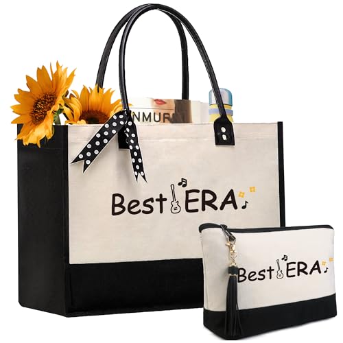 BeeGreen Mother's Day Gifts Personalized Women's Large White and Black Canvas Tote Bag, Embroidered Initials, Leather Handle, Zipper Closure
