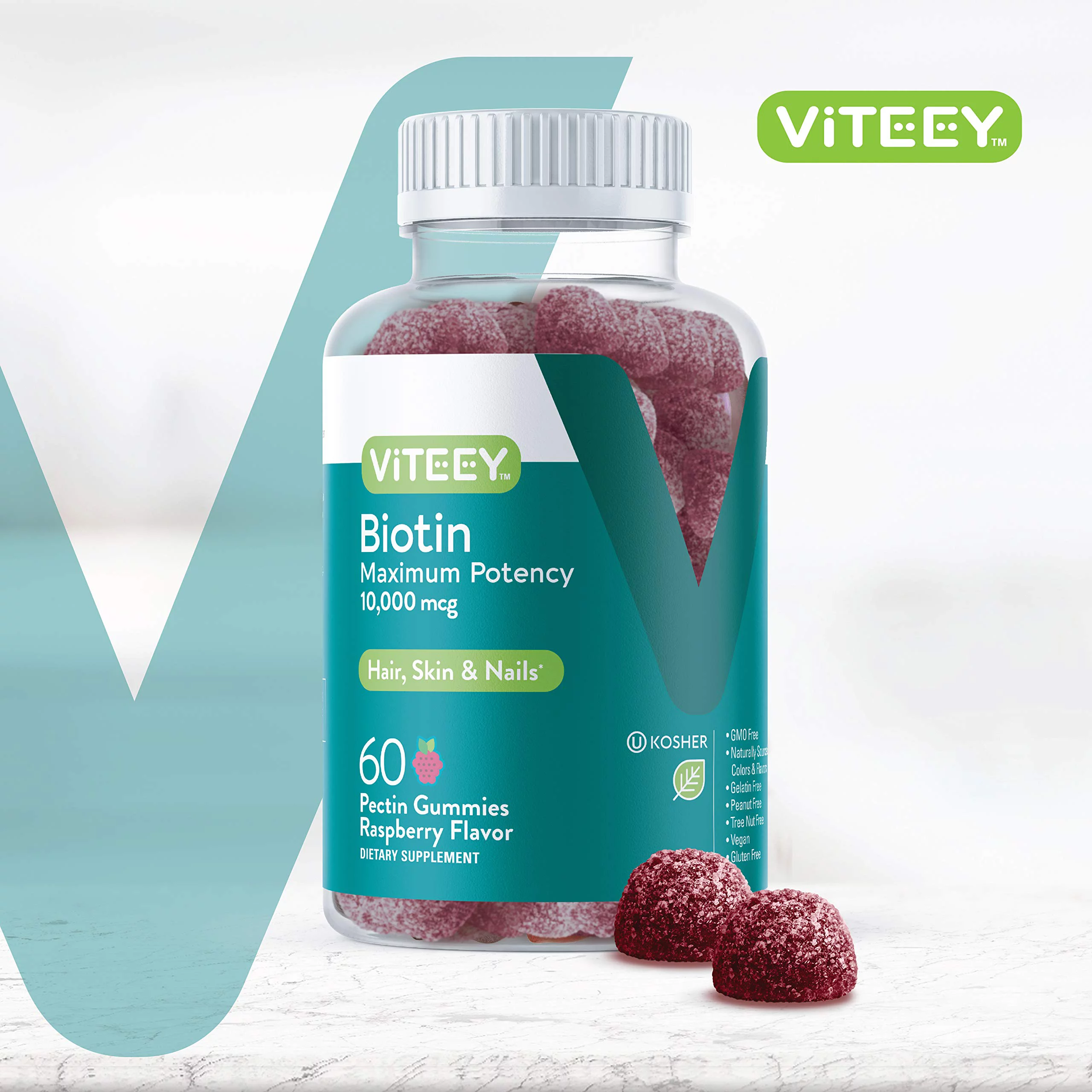 VITEEY Biotin Gummies 10,000 mcg, Supports Hair, Skin, & Nails, Raspberry Flavor, 60 Count (Pack of 1)