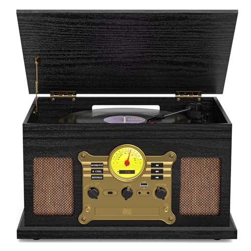 10 in 1 Vintage Bluetooth Record Player Turntable with Built-in Speakers, Vinyl Turntable CD Cassette Player & AM/FM Radio Combo Multimedia Center, USB Recording, RCA Out AUX in, White Wood