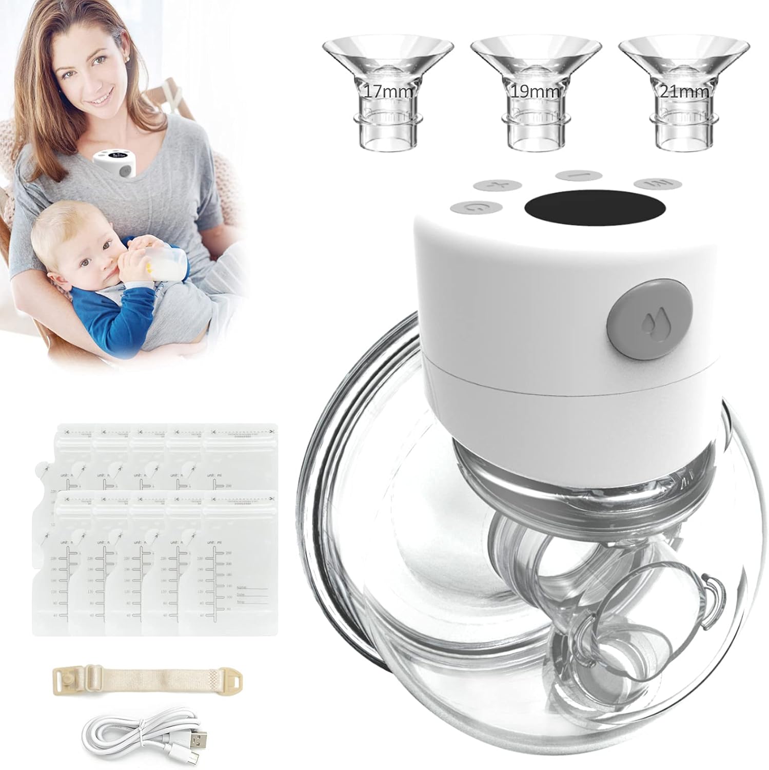 LORYHALL Electric Wearable Breast Pump, Hands Free Electric Breast Pump, Portable Breastfeeding Can Be Worn in-Bra, Spill-Proof Ultra-Quiet Pain Free, 2 Mode & 9 Levels, LCD Display - 17/19/21/24mm