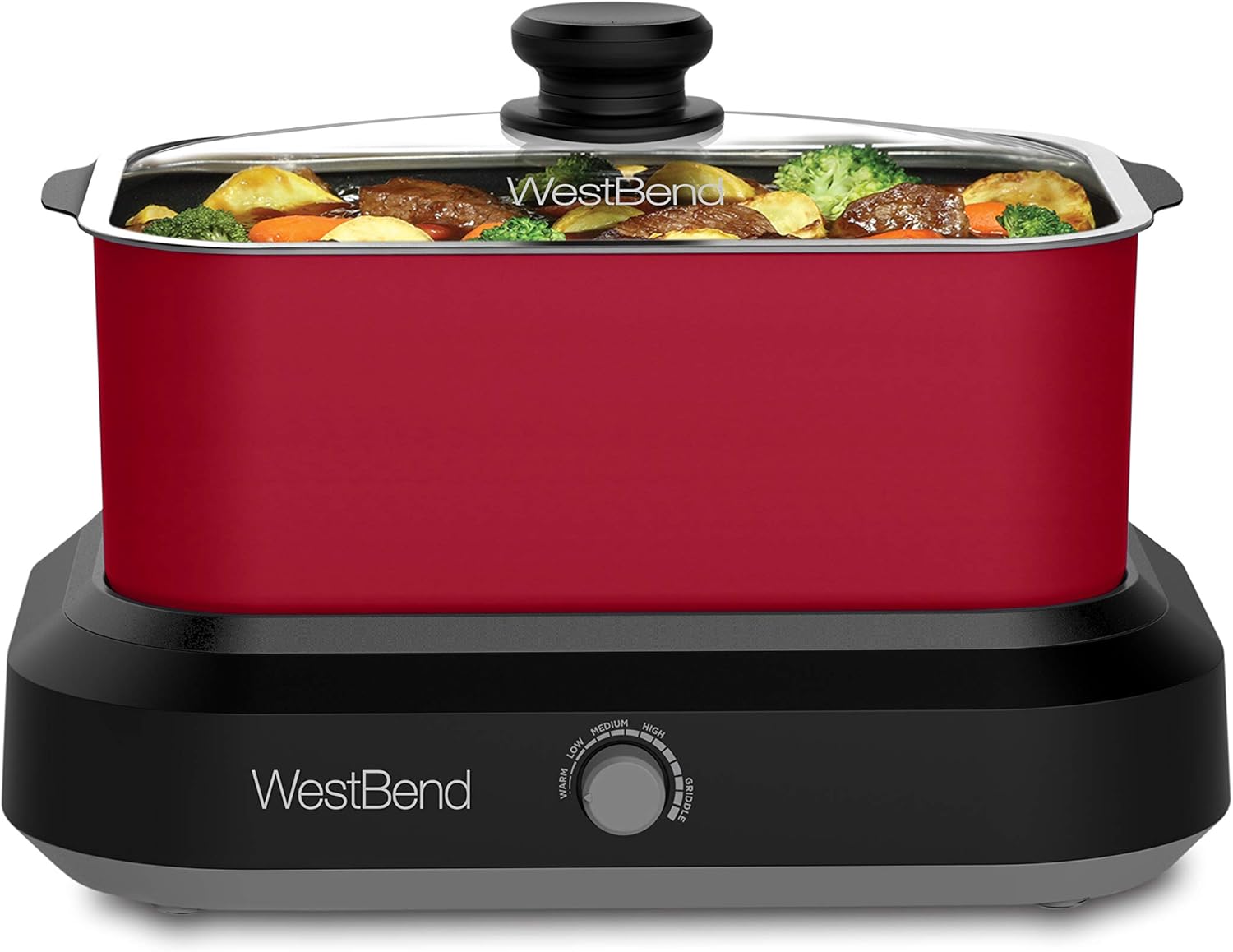 West Bend 87905 Versatility Slow Cooker Large Capacity Non-stick Dishwasher Safe Variable Temperature Control Includes Travel Lid & Thermal Carrying Case, 5-Quart, Silver