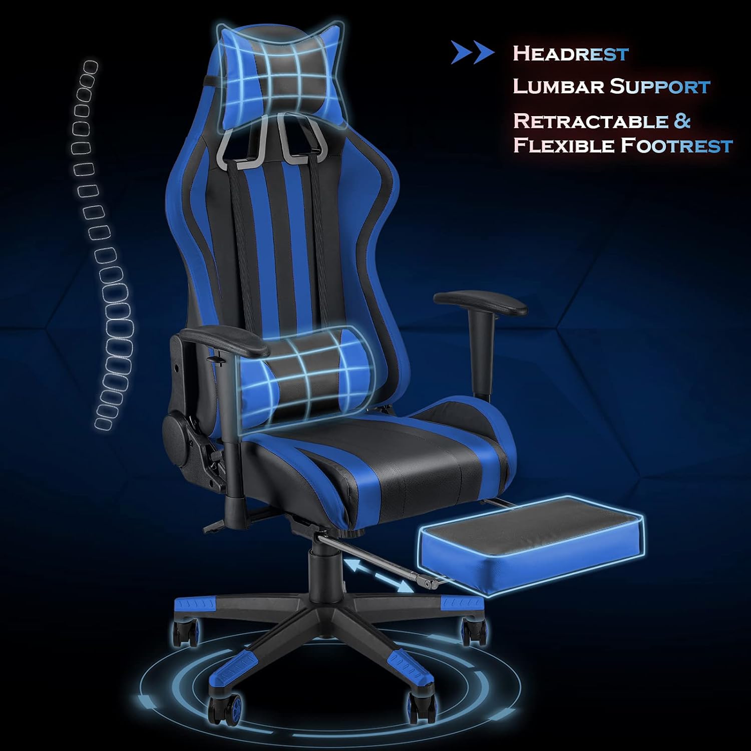 Soontrans Ergonomic Gamer Chair,Racing Gaming Chair with Footrest,Reclining Computer Chair,PU Leather Office Chair,Swivel Desk Chair with Adjustable Headrest Lumbar Pillow(Reddish Blue)