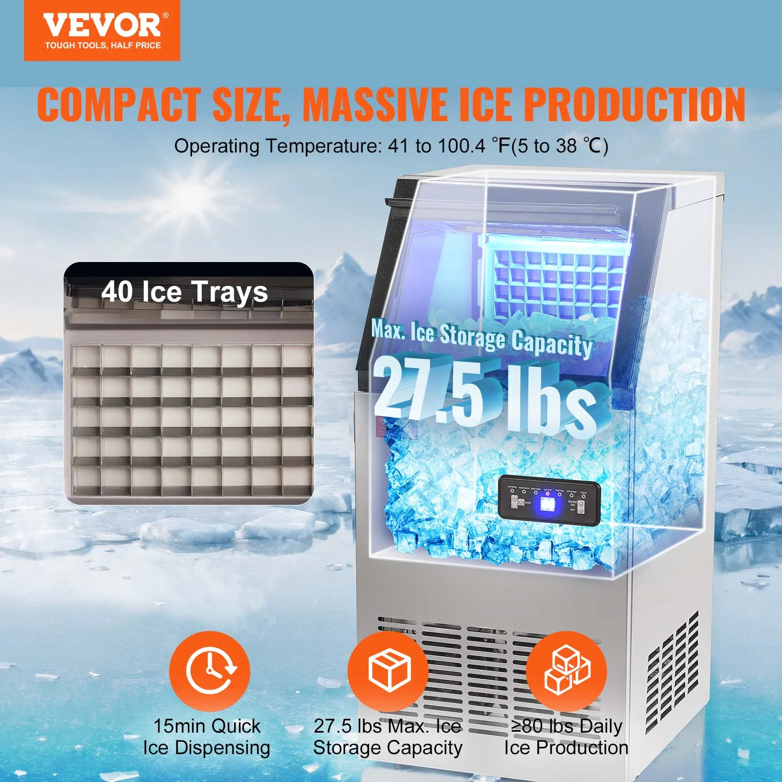 SKYSHALO Commercial Ice Maker Freestanding Cabinet Machine 80lbs/24H 40 Ice Cubes