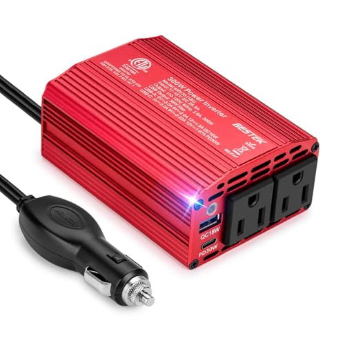BESTEK 300W Power Inverter - DC 12V to 110V AC Converter, Fast Car Charger Adapter with 30W USB-C/18W Quick Charge/Dual 110V AC Car Plug Outlet for Laptop
