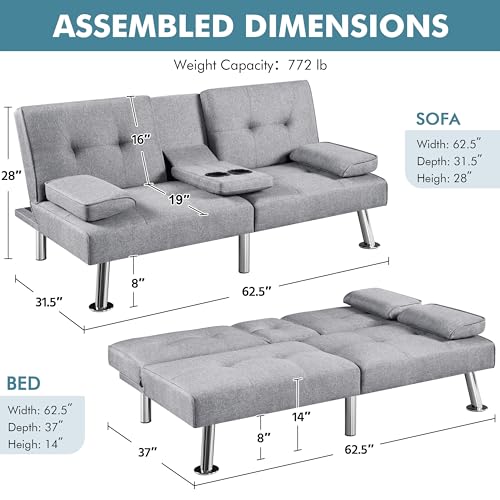 Yaheetech Convertible Sofa Bed Adjustable Fabric Couch Sleeper Modern Recliner Reversible Loveseat Folding Daybed Guest Bed, Removable Armrests, Cup Holders, 3 Angles, 772lb Capacity, Dark Gray
