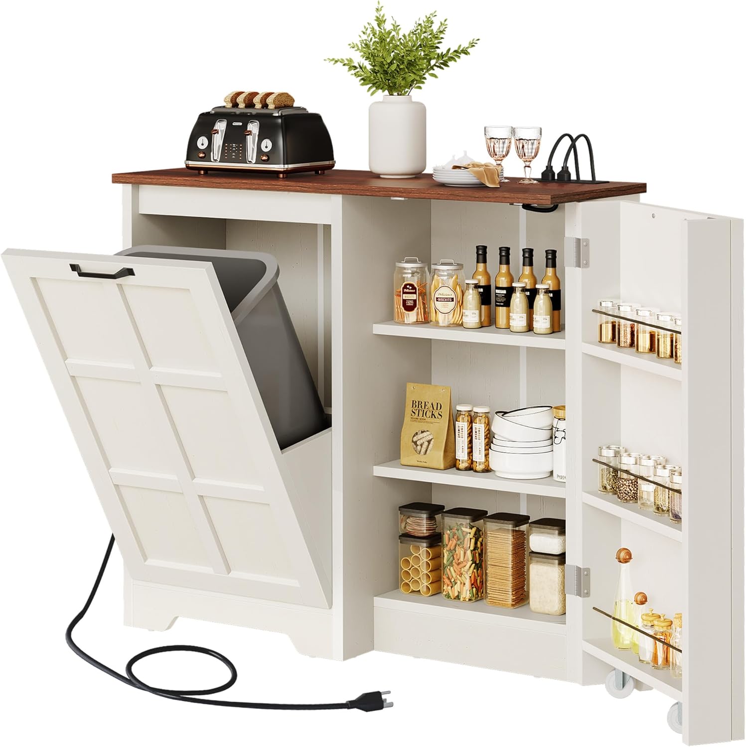 DWVO Tilt Out Trash Cabinet, 13 Gallon Cabinet Trash Can with Outlet/Adjustable Shelves, Hidden Pull Out Trash Bin Cabinet, Kitchen Island with Trash Can Storage, White Oak