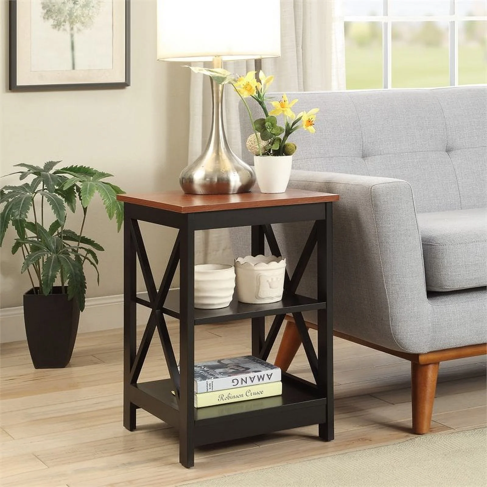 Pemberly Row Transitional Wood End Table with Middle & Bottom Shelf in Cherry