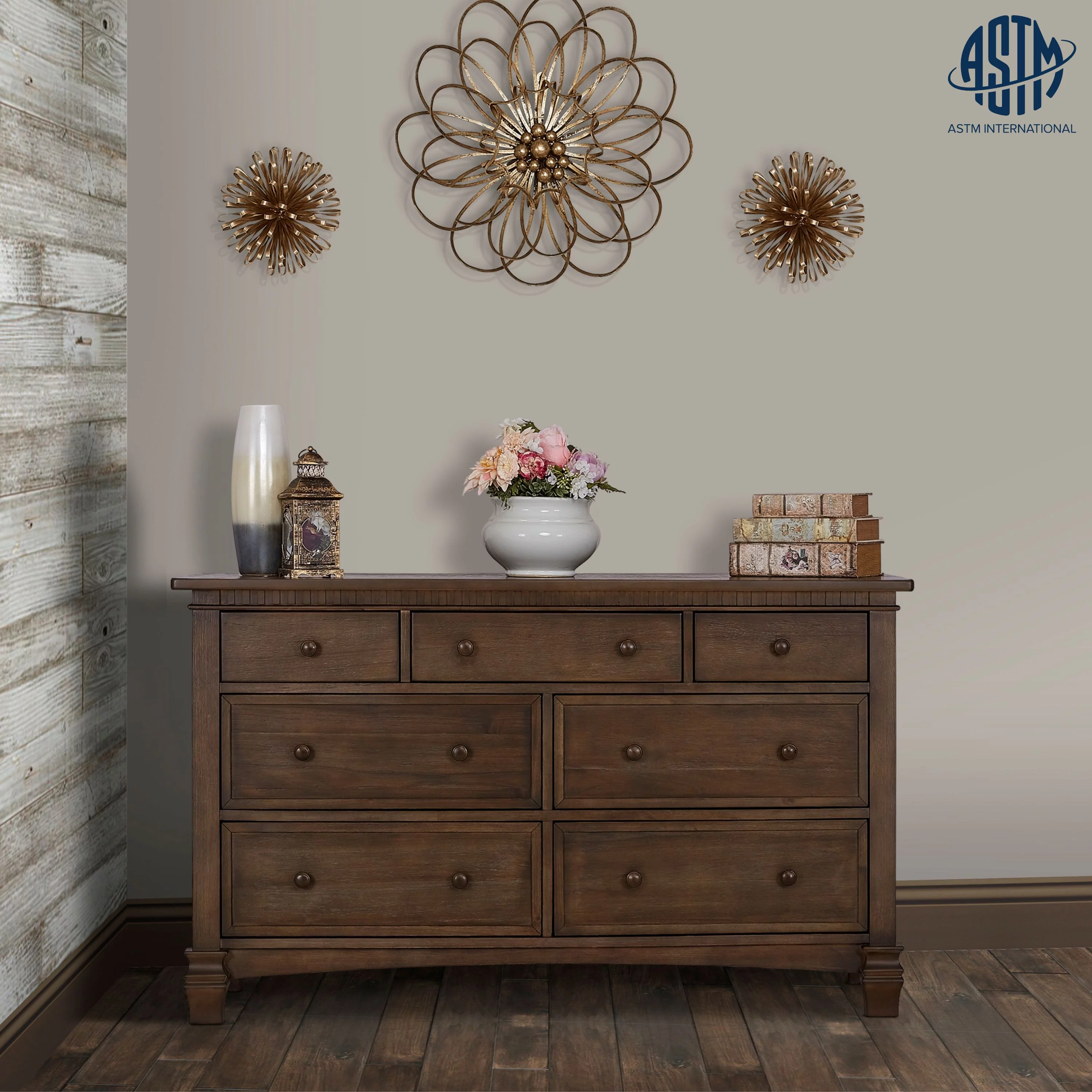 Evolur Cheyenne and Santa Fe Double Dresser, Antique Brown, 7 Drawers