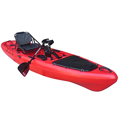 BKC PK13 13' Pedal Drive Fishing Kayak W/Rudder System and Instant Reverse, Paddle, Upright Back Support Aluminum Frame Seat, 1 Person Foot Operated Kayak