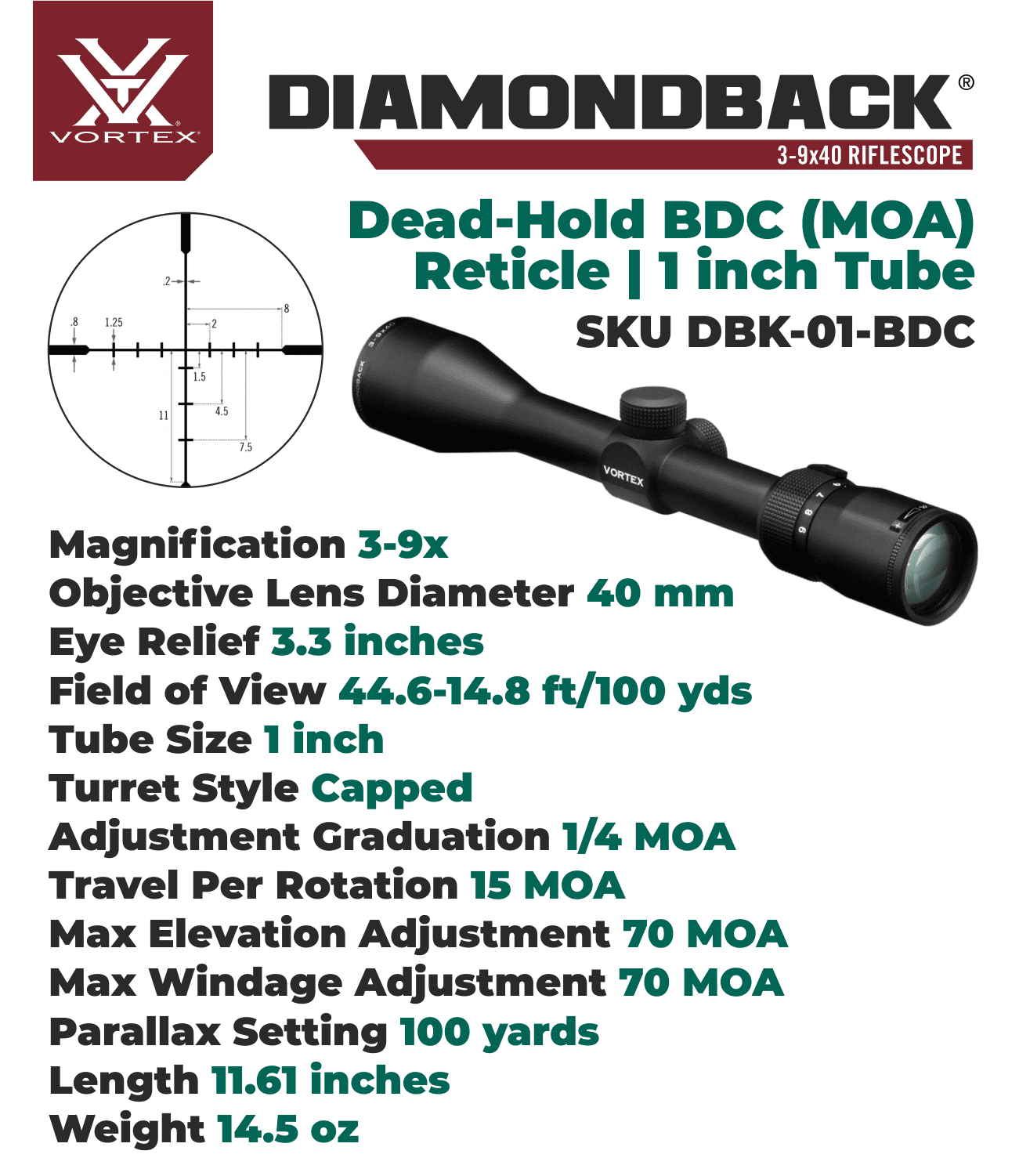 Vortex Optics Diamondback 3-9x 40 SFP Dead-Hold BDC MOA Riflescope with CD Hat and Med Rings 0.87 in
