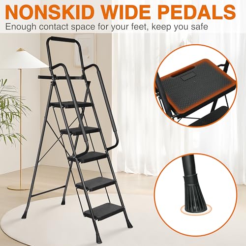 3 Step Ladder, Protable Steel Folding Stool with Wide Anti-Slip Pedal, 500lbs Sturdy Steel Ladder, Black