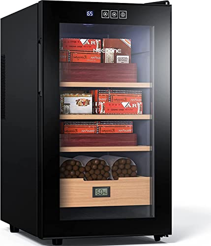 NEEDONE Humidor 48L with Cooling and Heating Temperature Control System, Electric Cooler Cabinet for 300 Counts with Spanish Cedar Wood Shelves & Drawer with Hygrometer, Gift for Men, 4 Layers