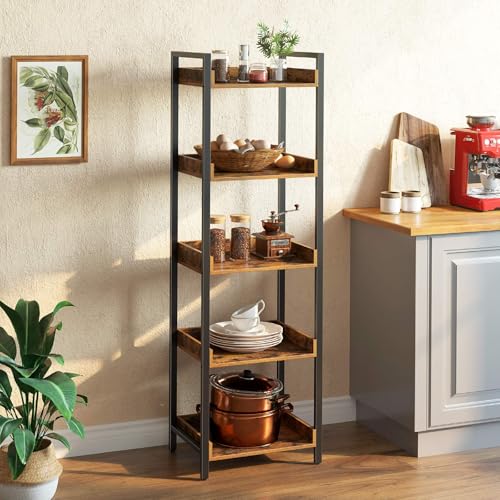 Rolanstar Bookshelf 6 Tier with 4 Hooks, Industrial Bookcase, Vintage Storage Rack with Open Shelves, Rustic Standing Bookshelves Metal Frame Display Rack for Living Room, Bedroom, Rustic Brown