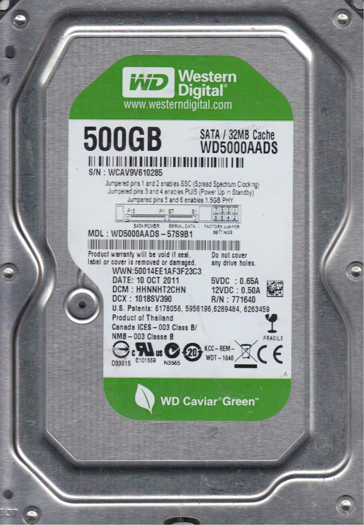 WD5000AADS-57S9B1, DCM HHNNHT2CHN, Western Digital 500GB SATA 3.5 Hard Drive