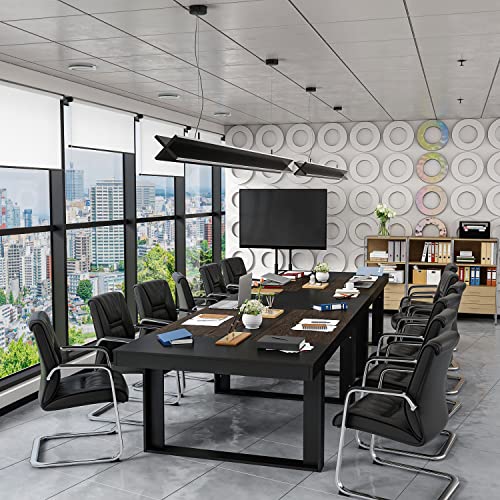 FAMAPY 7.2FT Conference Table Podcast Table, Black Metal Frame, Rectangular Office Table Meeting Table Podcast Table, Black and Deep Walnut (86.8”W x 47.2”D x 29.4”H)