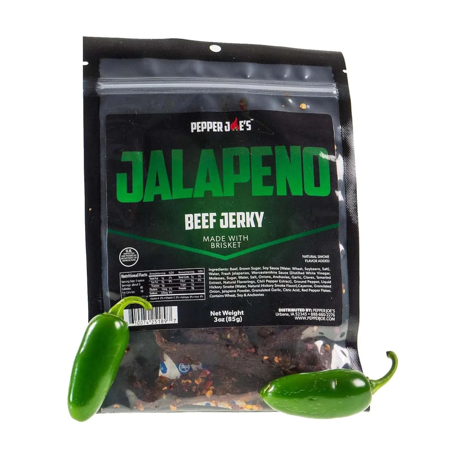 Jalapeno Jerky – Premium Brisket Jerky Cuts Covered With Spicy Jalapenos, Sweet Brown Sugar,  Hickory Flavor – 3 Ounces (3 Pack)
